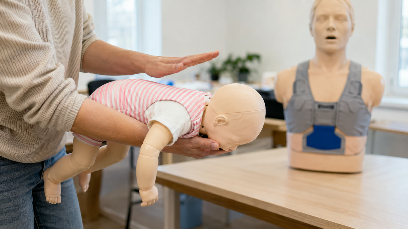 Choking first response training, infant back blows practised on a manikin