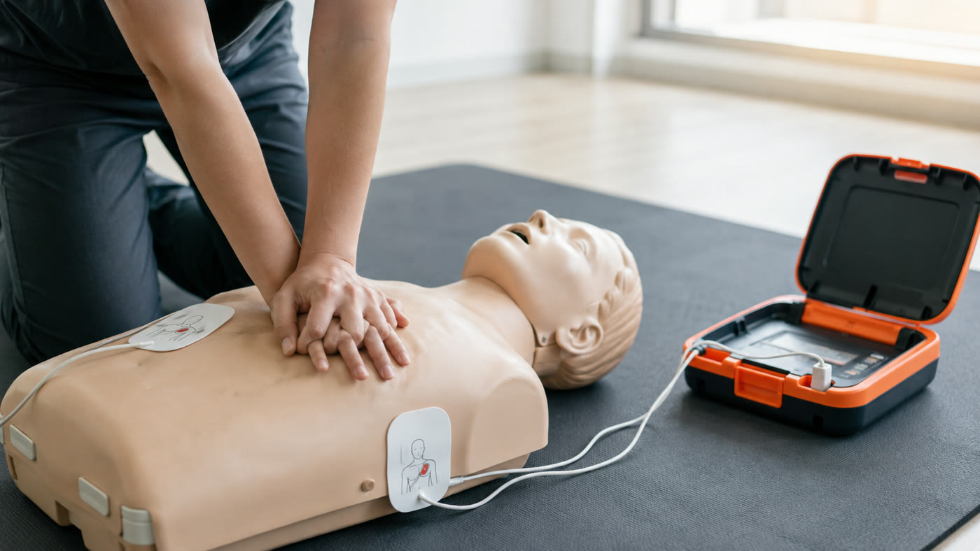 CPR and AED Essentials training, compressions on a mannequin with an AED trainer