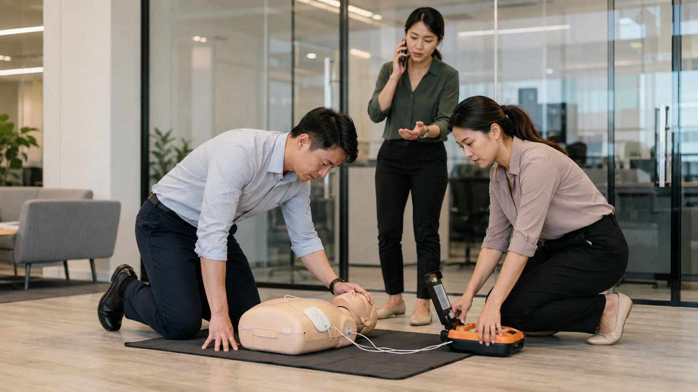 Workplace response team practising CPR and AED use together in an office