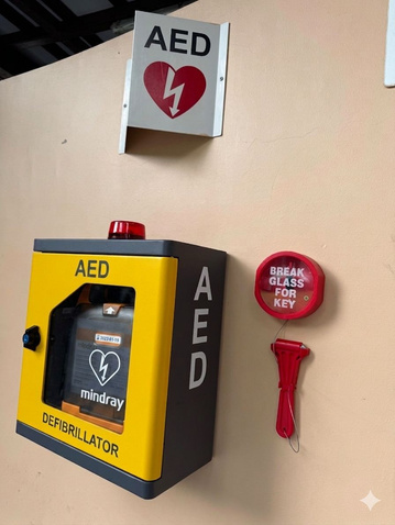 AED aluminium wall cabinet with alarm and strobe light, installed